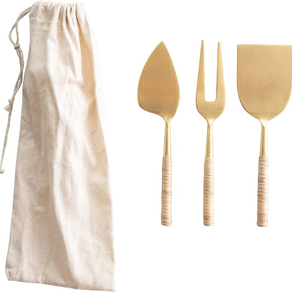 NIP SET 3 Bloomingville Gold Stainless Steel Cheese SERVERS Woven Rattan Handles